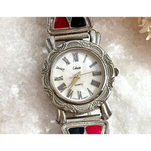 Collezier Multicolor Enameled Silver T Ladies Vintage Wristwatch - 25mm - WORKS!